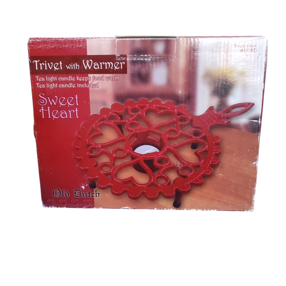 Old Dutch Cast Iron Red Enamel Rubber Feet Sweet Heart Trivet/Warmer NIB